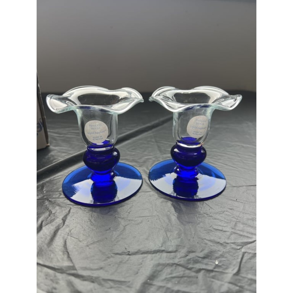 Vintage set of two princess house hand blown crystal candlesticks with cobalt bl